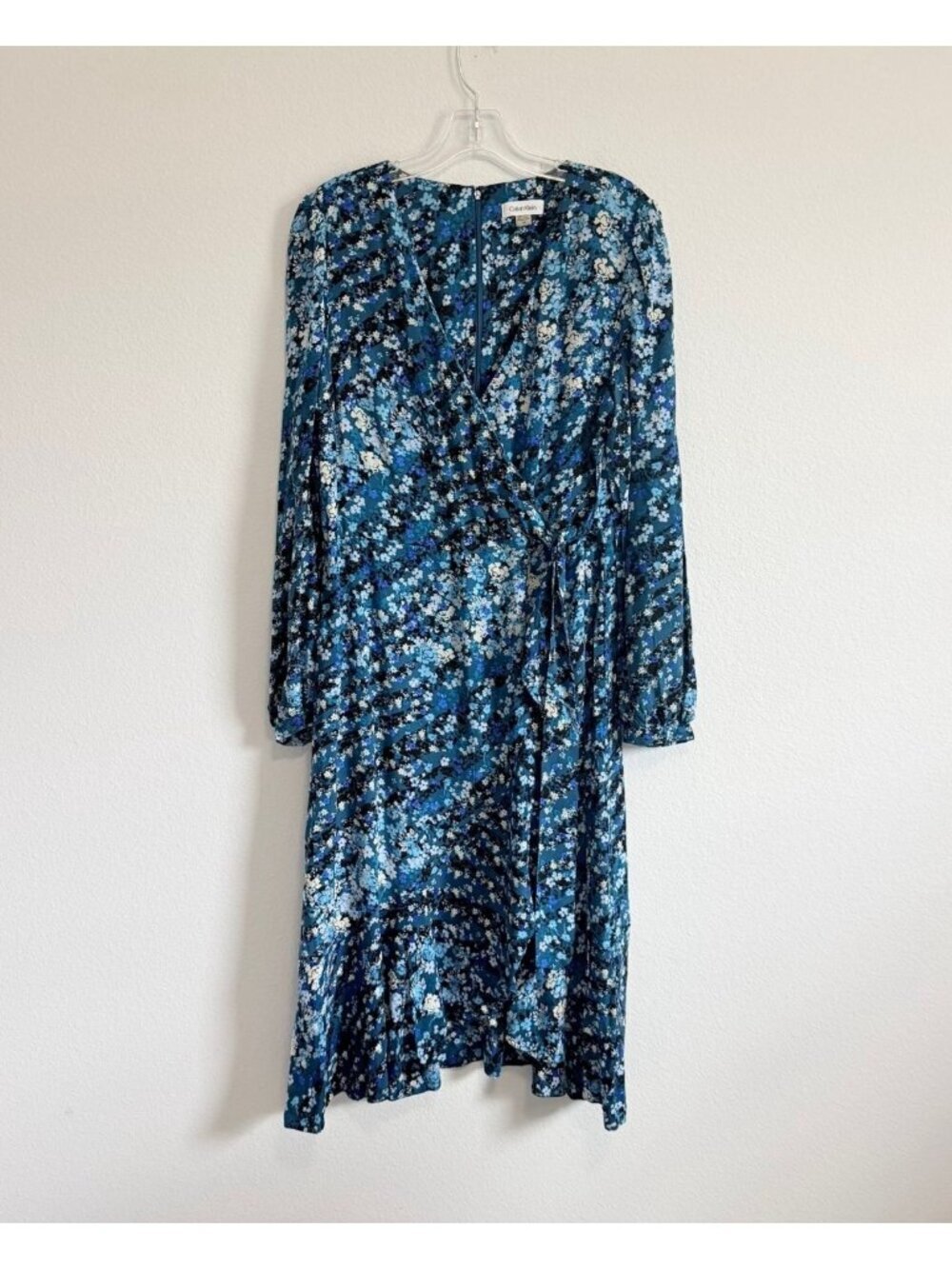 Calvin Klein Long Sleeve V-Neck Hi-Low Faux Wrap Floral 🌸 Midi Dress Size 14
